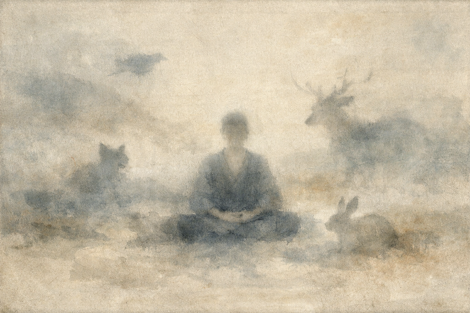 A person sits quietly in meditation, softly blurred into a misty landscape where animals appear around them, symbolizing meditation as a universal human practice that exists beyond religious boundaries, open to both secular and spiritual understanding.