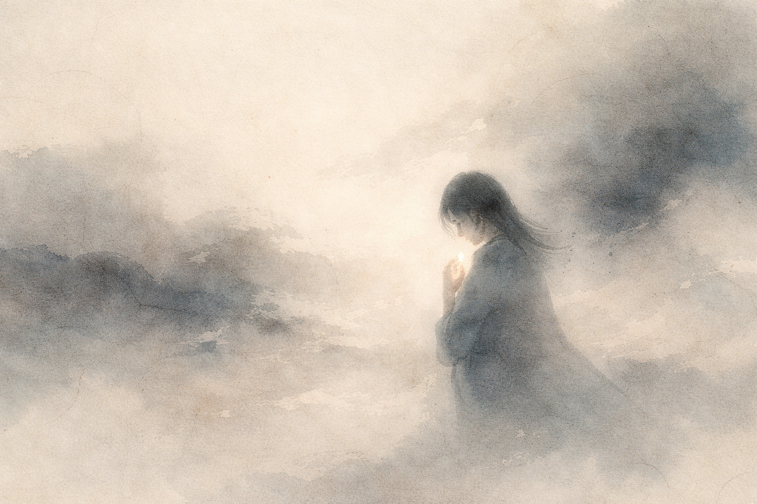 霧の中に立ち、胸元に小さな光をそっと抱く人物を描いた柔らかな水彩風イラスト。瞑想は穏やかであるべきなのかという問いと、不確かさの中にも芽生える静かな内なる温もりを象徴している。