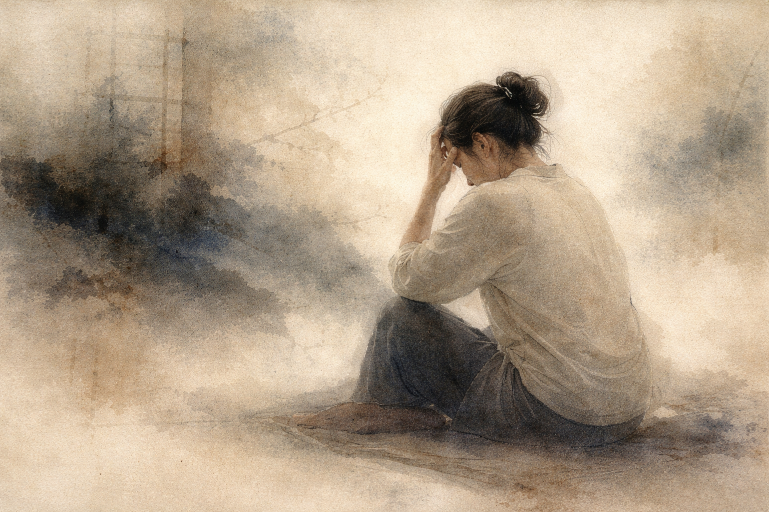 頭にそっと手を当てて座る女性を描いたやわらかな水彩風イラスト。瞑想中に考えごとをしてしまうのは普通なのかという問いと、実践の中で自然に思考が生じることを象徴している。