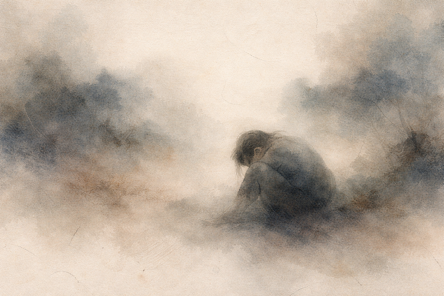 A solitary figure sits hunched in a misty landscape, surrounded by muted tones and drifting shadows, reflecting how misunderstanding karma can create anxiety, self-blame, and a heavy sense of fear.