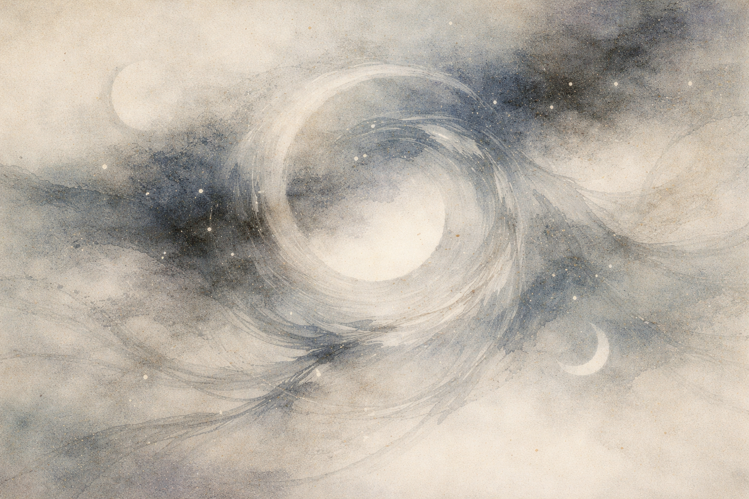 A swirling, moonlit vortex emerging from soft clouds suggests that karma is not a simple explanation for why bad things happen, but an ongoing flow of causes and conditions beyond moral blame.