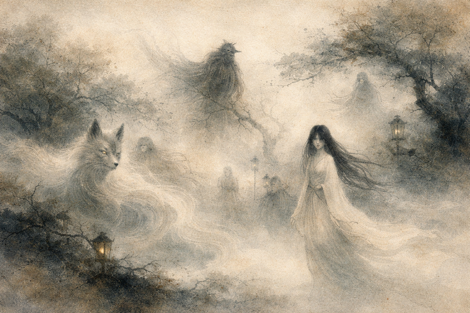 A misty, dreamlike scene filled with shadowy figures, spirits, and a watchful animal suggests how fear and imagination can distort the understanding of karma into something ominous and supernatural.