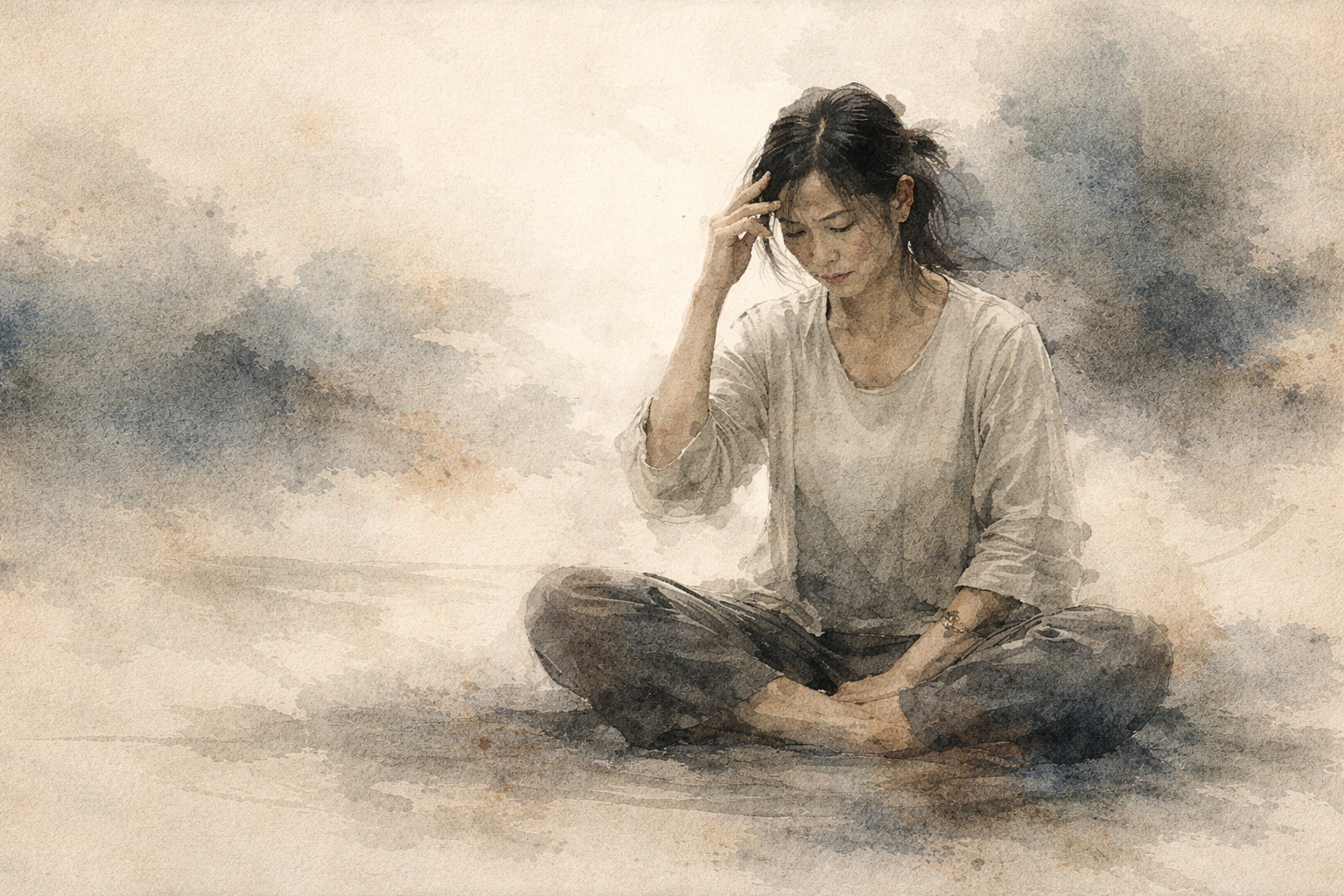 A contemplative figure seated in stillness, touching her forehead amid soft, drifting clouds, reflects the misunderstanding of “instant karma” and suggests that karmic effects unfold gradually rather than immediately.