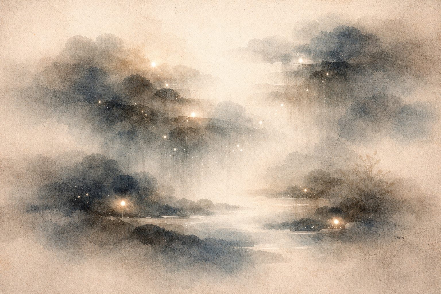 Soft, mist-filled landscapes dotted with gentle lights evoke the idea that karma is a natural unfolding of causes and conditions, not a system of punishment or reward.