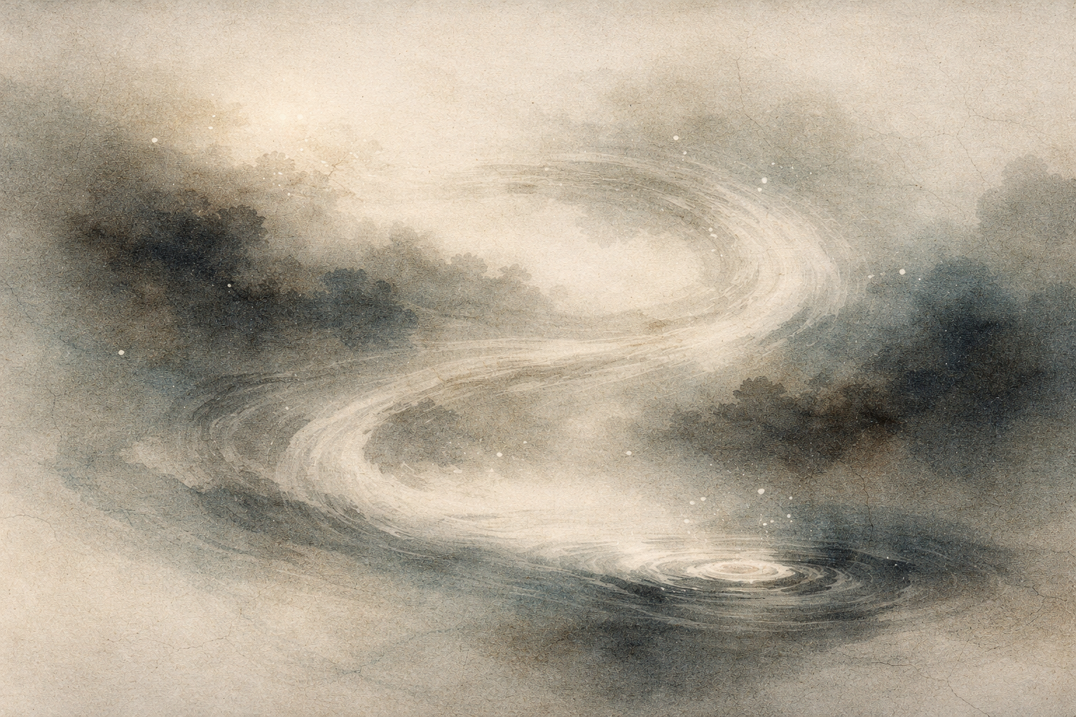 A misty landscape with a winding, luminous path flowing like a river into a quiet pool, symbolizing how karma and responsibility are interconnected through cause and effect rather than punishment or blame.