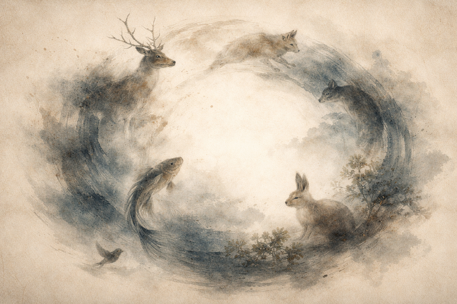 A circular flow of animals—deer, fish, rabbit, wolf, and bird—moving through mist suggests karma as an impersonal cycle of causes and conditions, emphasizing that it is not about guilt or blame, but about ongoing transformation.