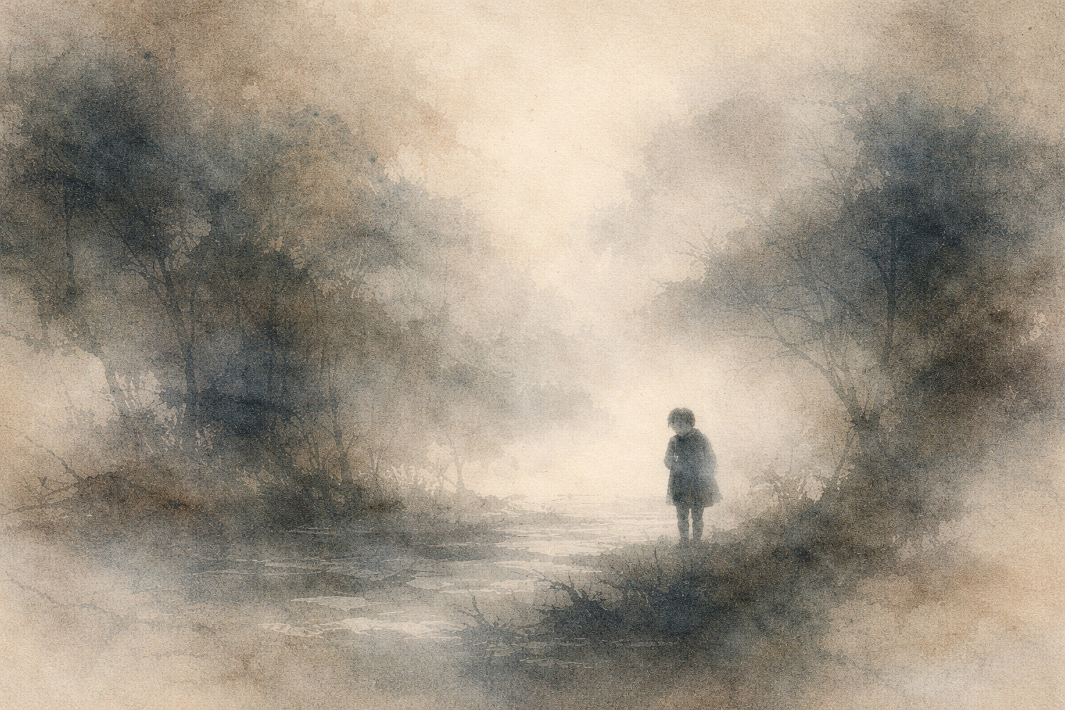 霧に包まれた道の上で立つひとりの人物と、左右に広がる暗い木々の風景は、苦しみが罰として誤解されがちである一方、実際には人格的な裁きではなく、カルマが非人格的に展開していく一部であることを表している。