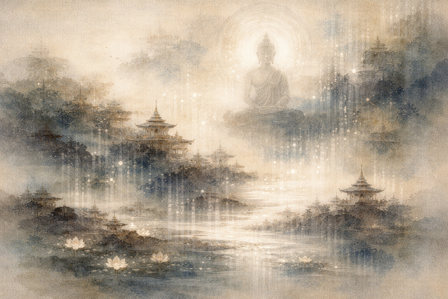 霧に包まれた寺院と蓮の浮かぶ水面の上に、静かに座す仏の姿を描いた水彩画。仏教におけるカルマ（意図的な行いと、その結果の積み重なり）を象徴している。