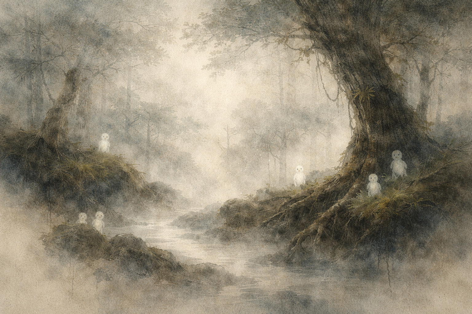 A misty forest scene with a quiet stream and large ancient trees, where small pale spirit-like figures sit still along the roots and riverbanks, evoking the stillness and subtle monotony that can make meditation feel boring yet peaceful.