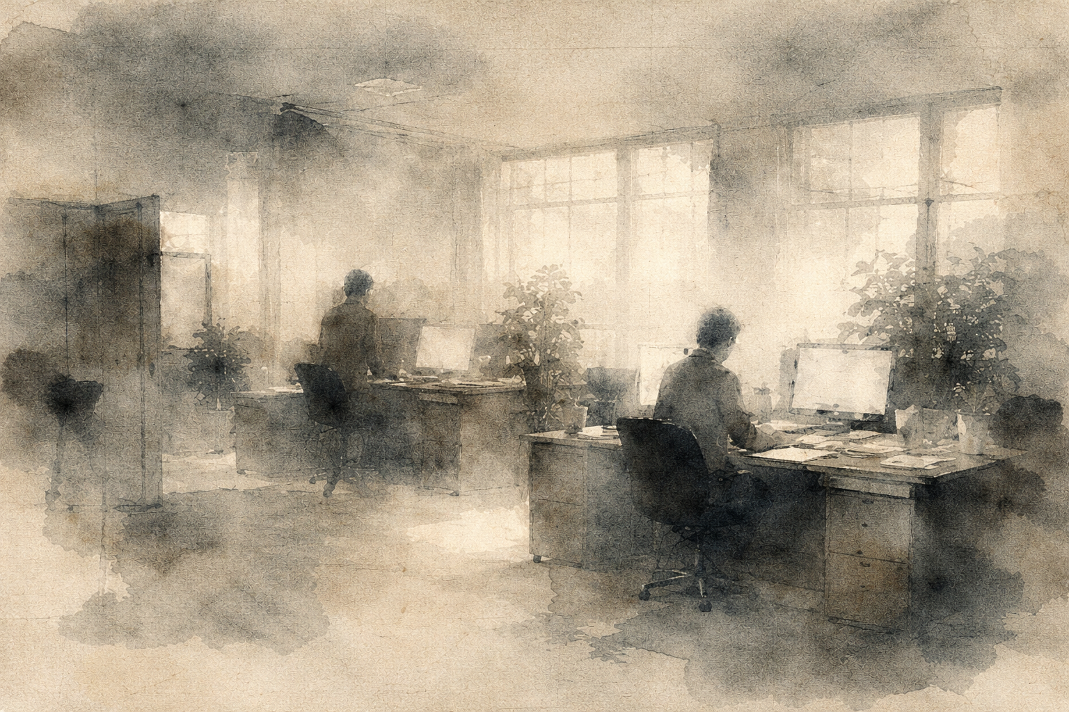 A soft watercolor illustration of two people working quietly at desks in a sunlit office, symbolizing meditation for a busy schedule and finding moments of mindfulness within everyday work life.