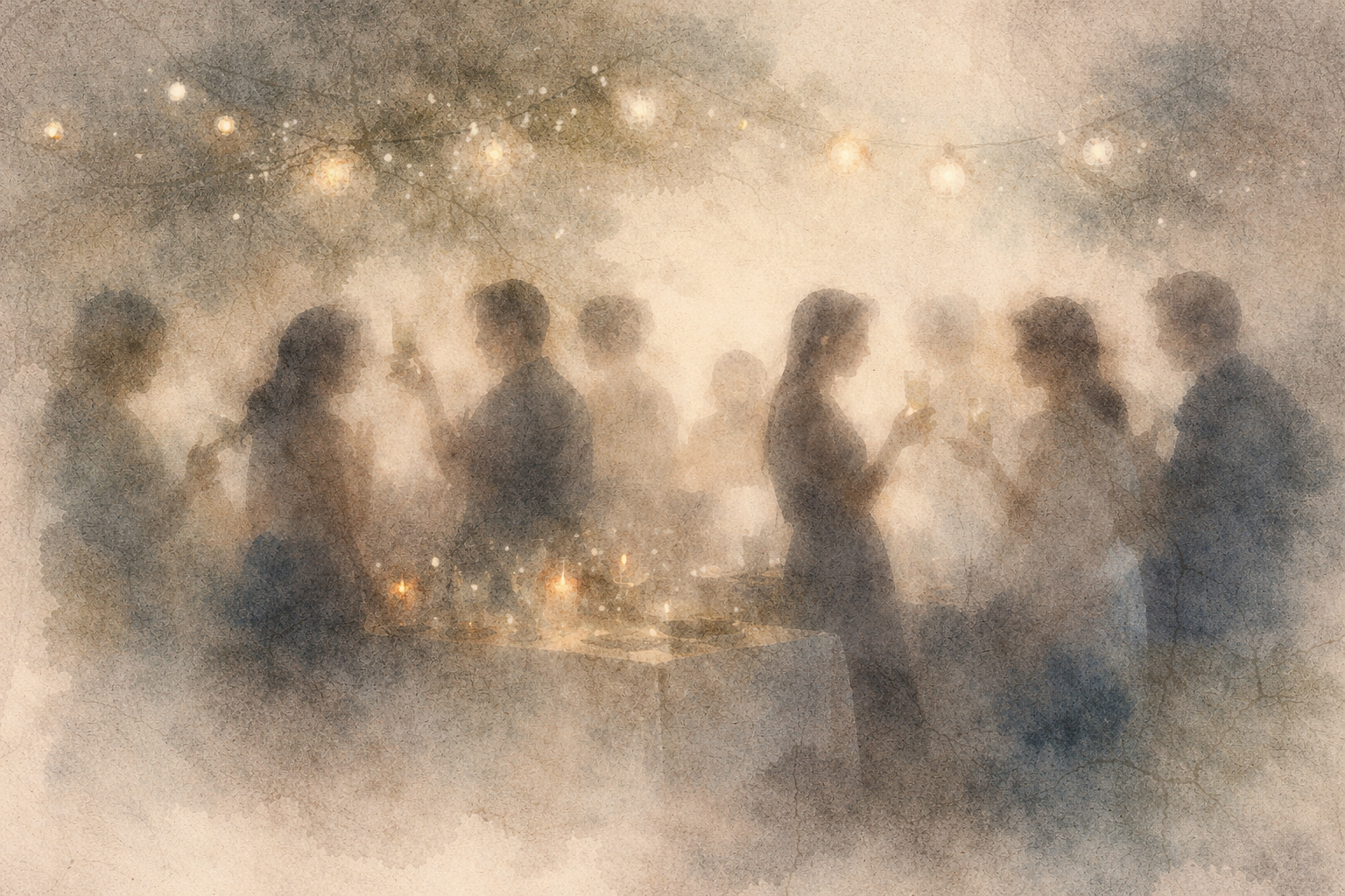 A warm watercolor illustration of people talking and sharing drinks under soft lights, symbolizing bringing meditation into daily life and maintaining mindful awareness within ordinary social moments.