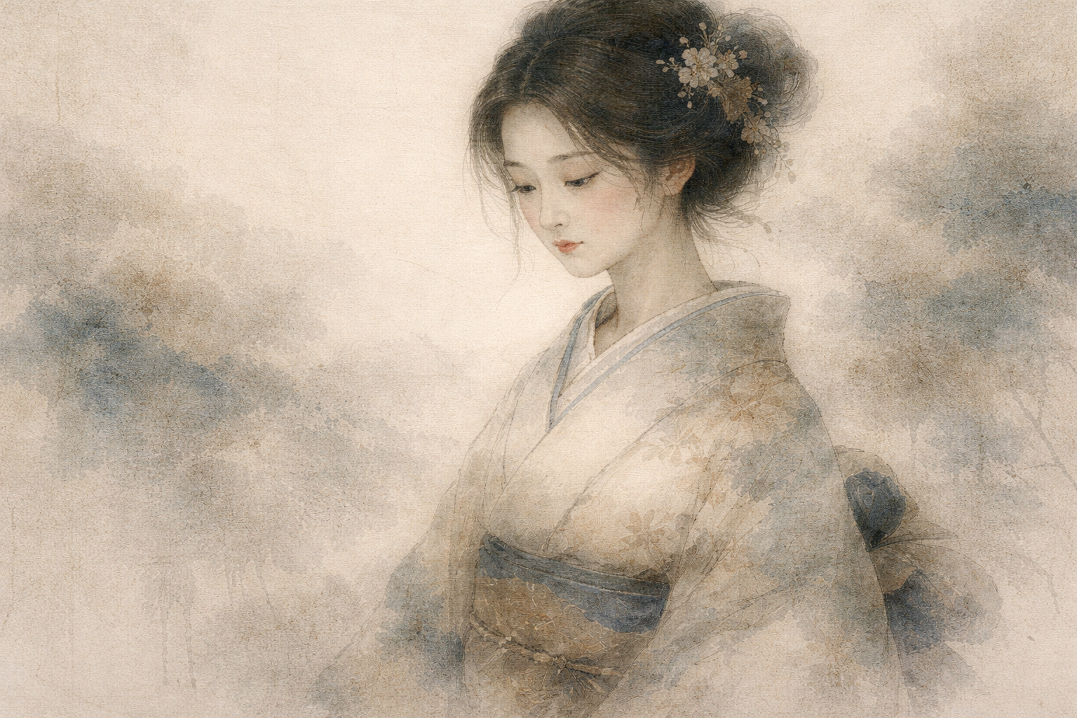 A calm woman in traditional robes gazes downward in a soft, mist-filled scene, symbolizing how emotional release during meditation often arises naturally as suppressed feelings surface when the mind relaxes, rather than as something intentionally forced.
