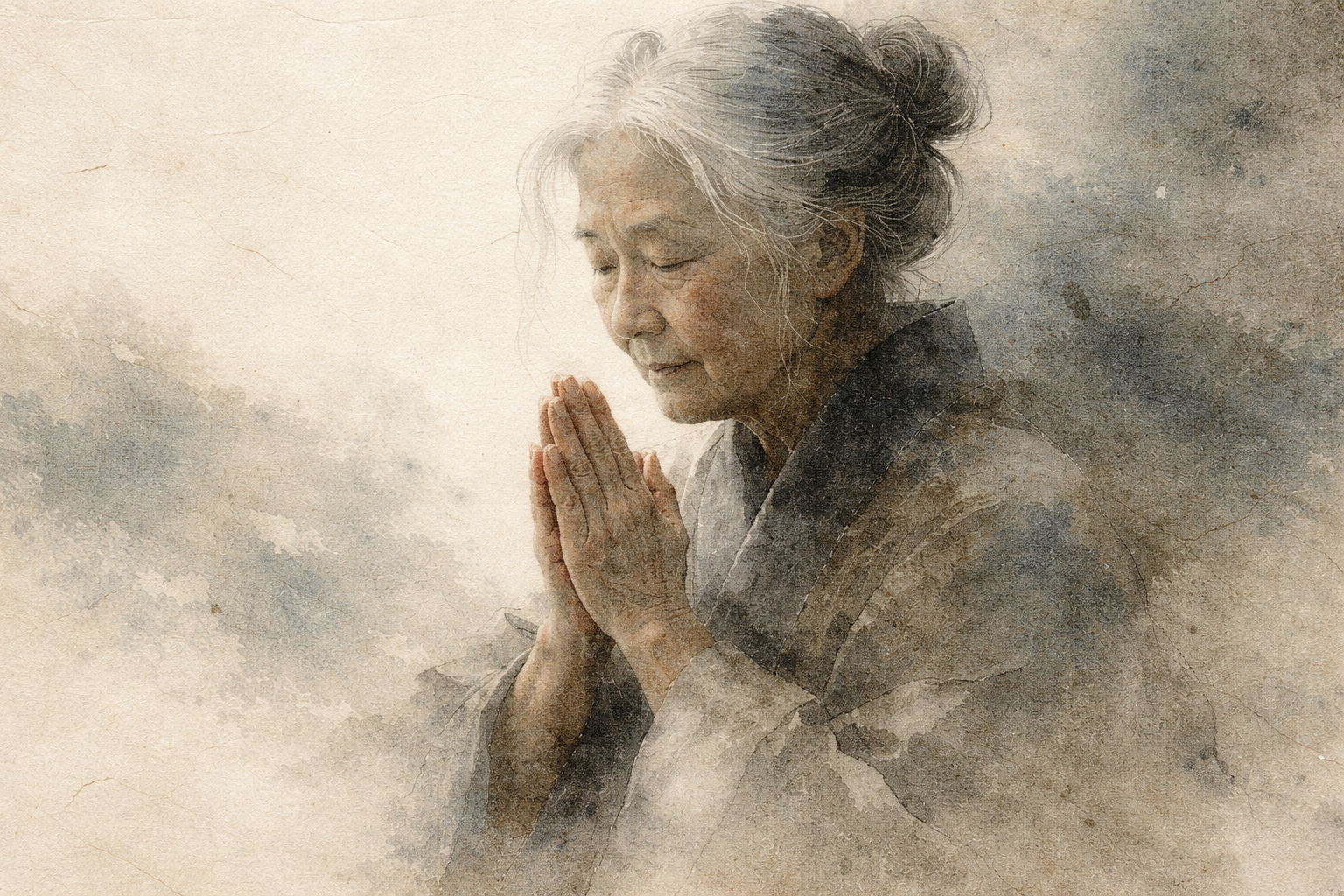 A soft watercolor portrait of an elderly woman in traditional clothing with eyes gently closed and hands in prayer position, symbolizing the question of meditating with eyes open or closed and the inward stillness of contemplative practice.