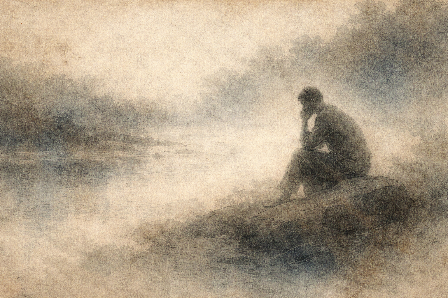 A muted watercolor illustration of a solitary man sitting on a rock beside a misty lake with his hand to his chin in contemplation, symbolizing fear during meditation and the questioning of whether something is wrong when unsettling emotions arise.