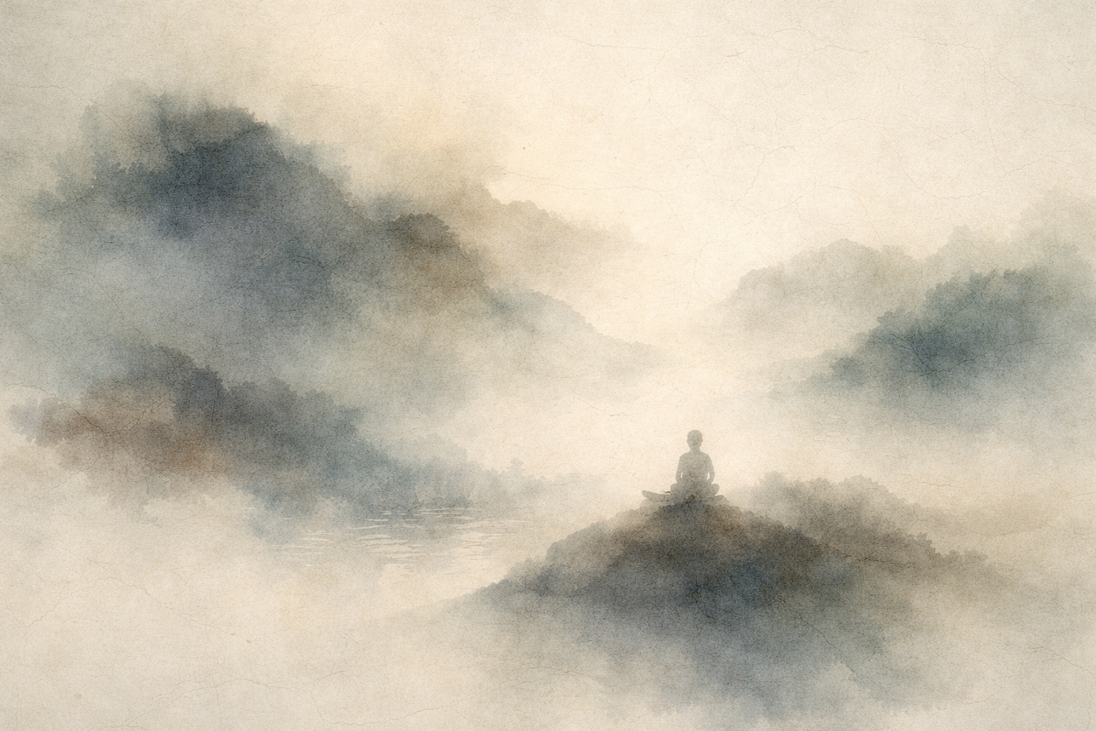 広大な山々と霧に囲まれた小さな丘の上で瞑想する一人の人物を描いた水彩風イラスト。瞑想が最初は難しく感じられる理由と、不安や心の揺れとともに座り続ける体験を象徴している。