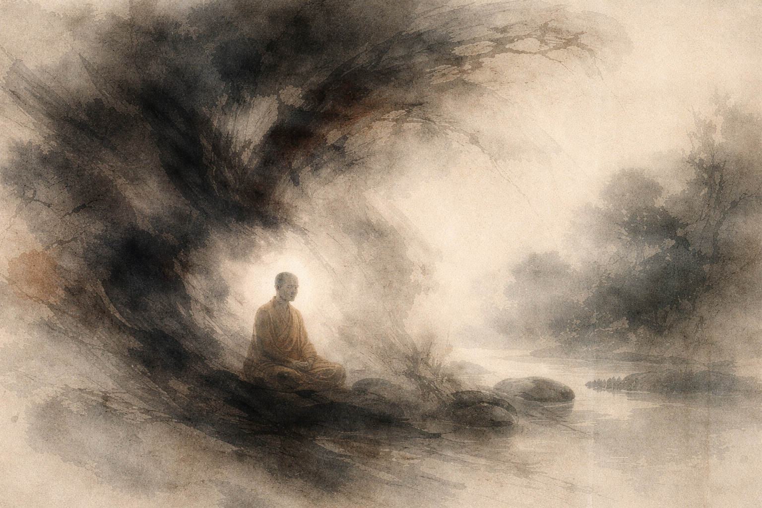 Meditative watercolor illustration of a monk sitting quietly beneath a dark, swirling tree by a calm river, symbolizing drowsiness during meditation and the gentle transition from mental agitation to deep relaxation.