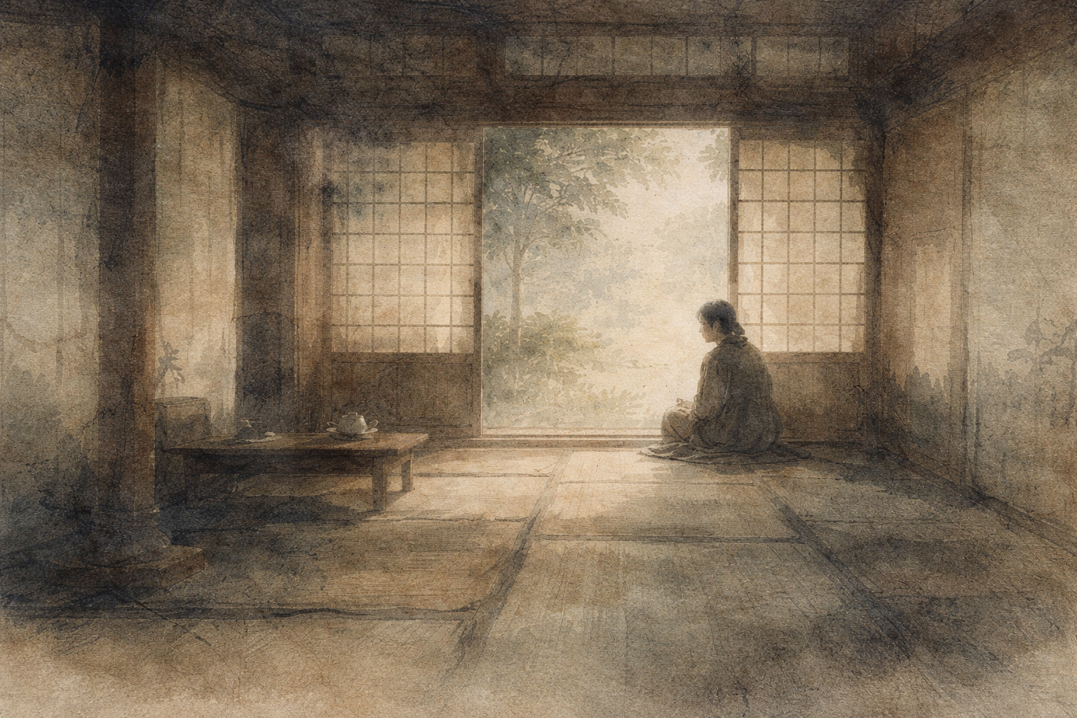 A solitary figure sits in a quiet tatami room facing an open shoji door, light and mist drifting in from the garden, symbolizing how frustration in meditation often arises when the mind becomes aware of its own restlessness rather than achieving calm.