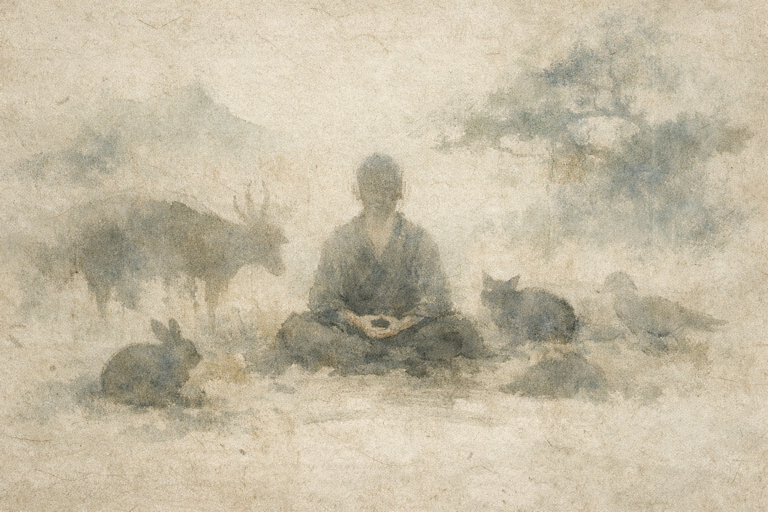 A softly blurred figure sits cross-legged in meditation, surrounded by quiet forest animals—a deer, rabbit, fox, and bird—symbolizing the many thoughts that continue to arise naturally during meditation rather than disappearing.