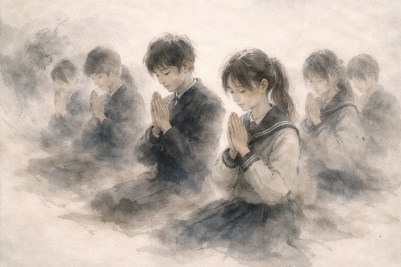 手を合わせて静かに座る生徒たちを描いた柔らかな水彩風イラスト。瞑想中の落ち着かなさ（restlessness）と、その心をやさしく理解し整えていく過程を象徴している。