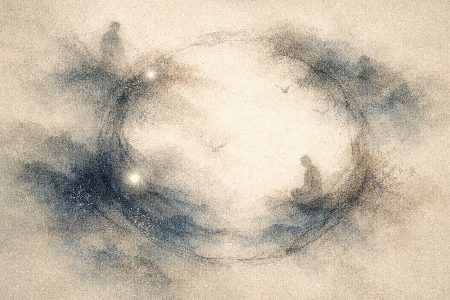 A gentle watercolor illustration of a circular brushstroke surrounding small meditating figures and birds in open sky, symbolizing short meditation sessions and their value in creating moments of clarity within daily life.