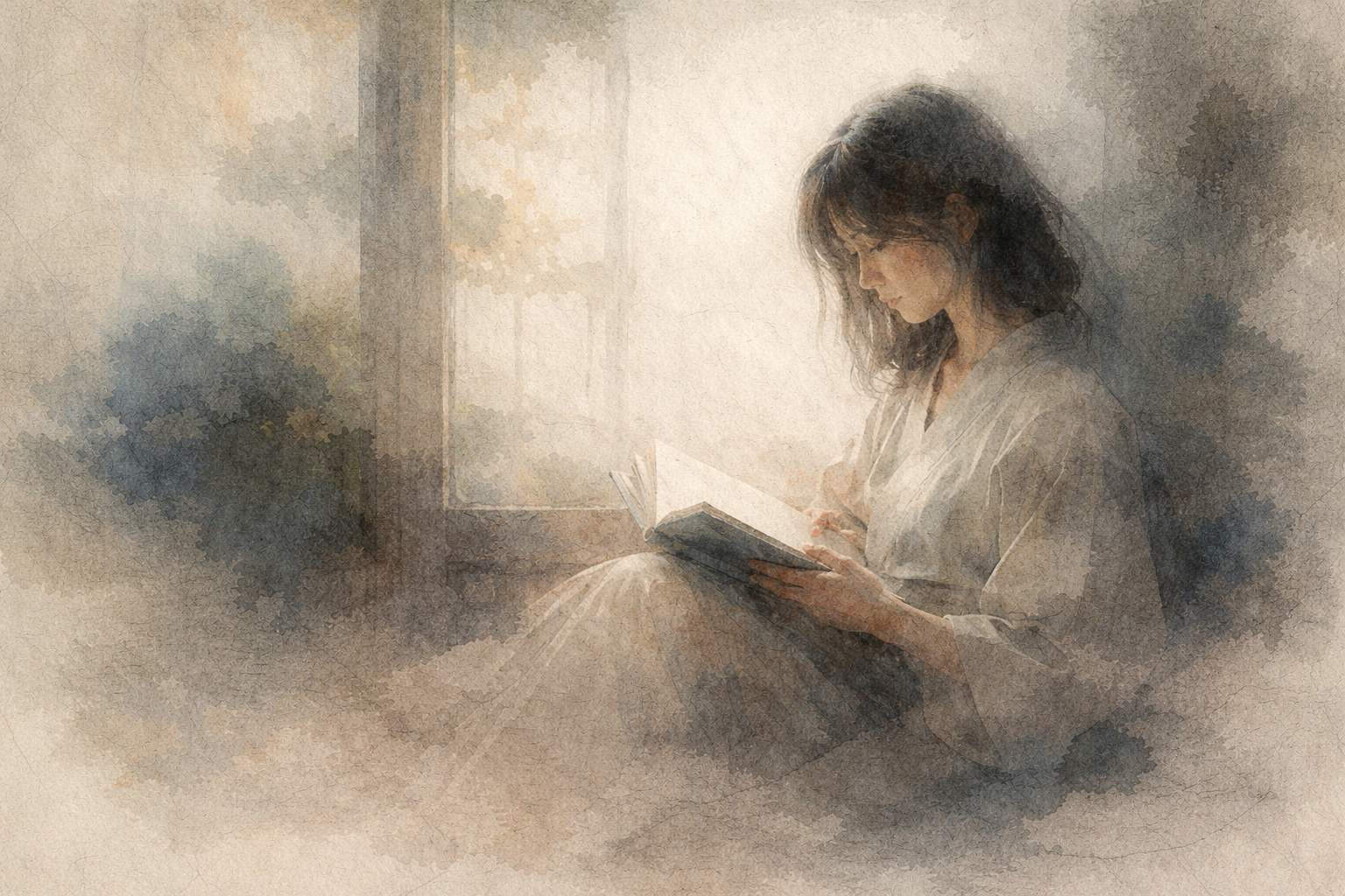 窓辺で静かに本を読む女性を描いた柔らかな水彩画。自宅で瞑想を行い、落ち着いた個人的な空間を整えることを象徴している。