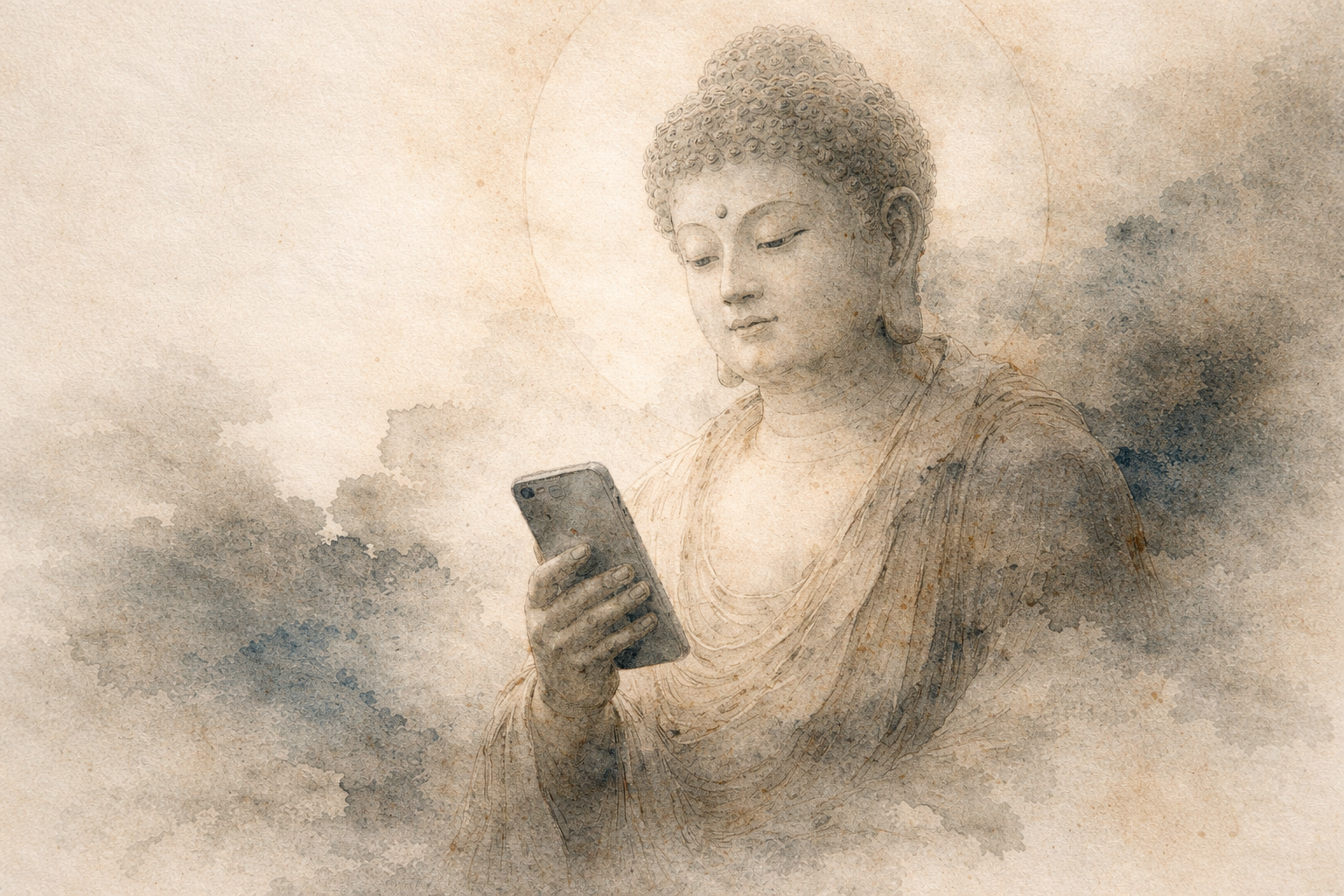 A Buddha figure gazes calmly at a smartphone amid soft ink and mist, suggesting how mindfulness apps can support attention but cannot replace lived understanding or direct experience.