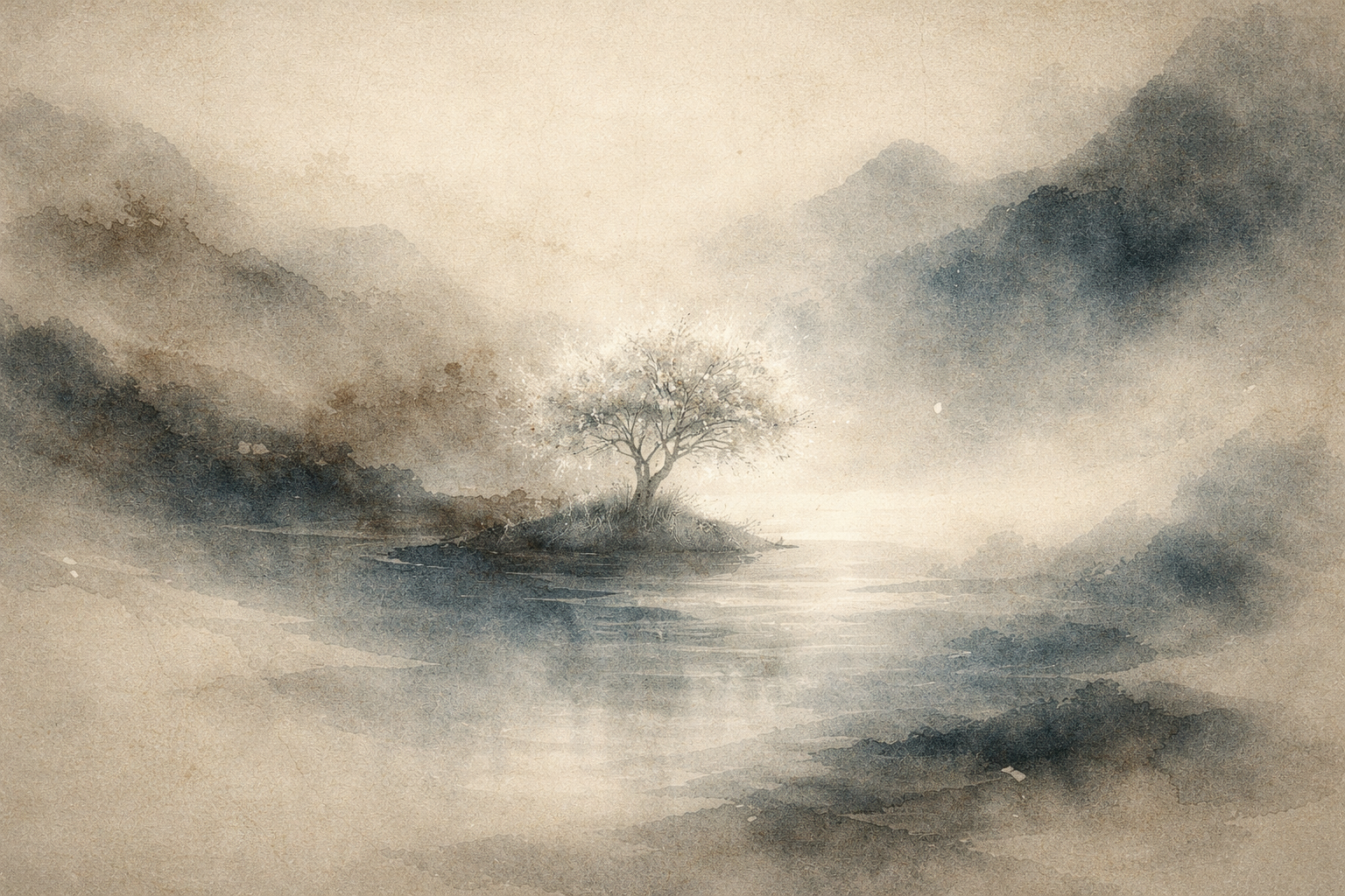 静かな水と霧に包まれた山々に囲まれた小さな島に、やわらかく光る一本の木が立っている様子は、輪廻という考えが未知への恐れを呼び起こす一方で、静かな連続性や再生をも示唆していることを象徴している。