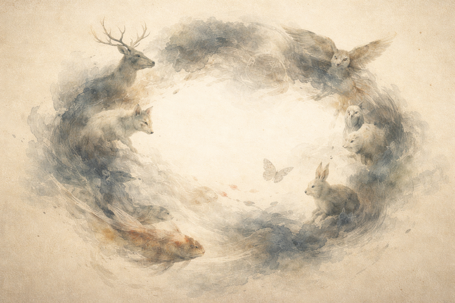 A circular swirl of animals—deer, fox, owl, wolf, rabbit, fish, and birds—forming a soft ring around an empty center, symbolizing rebirth as a continuous flow of life rather than the literal return of personal past-life memories.