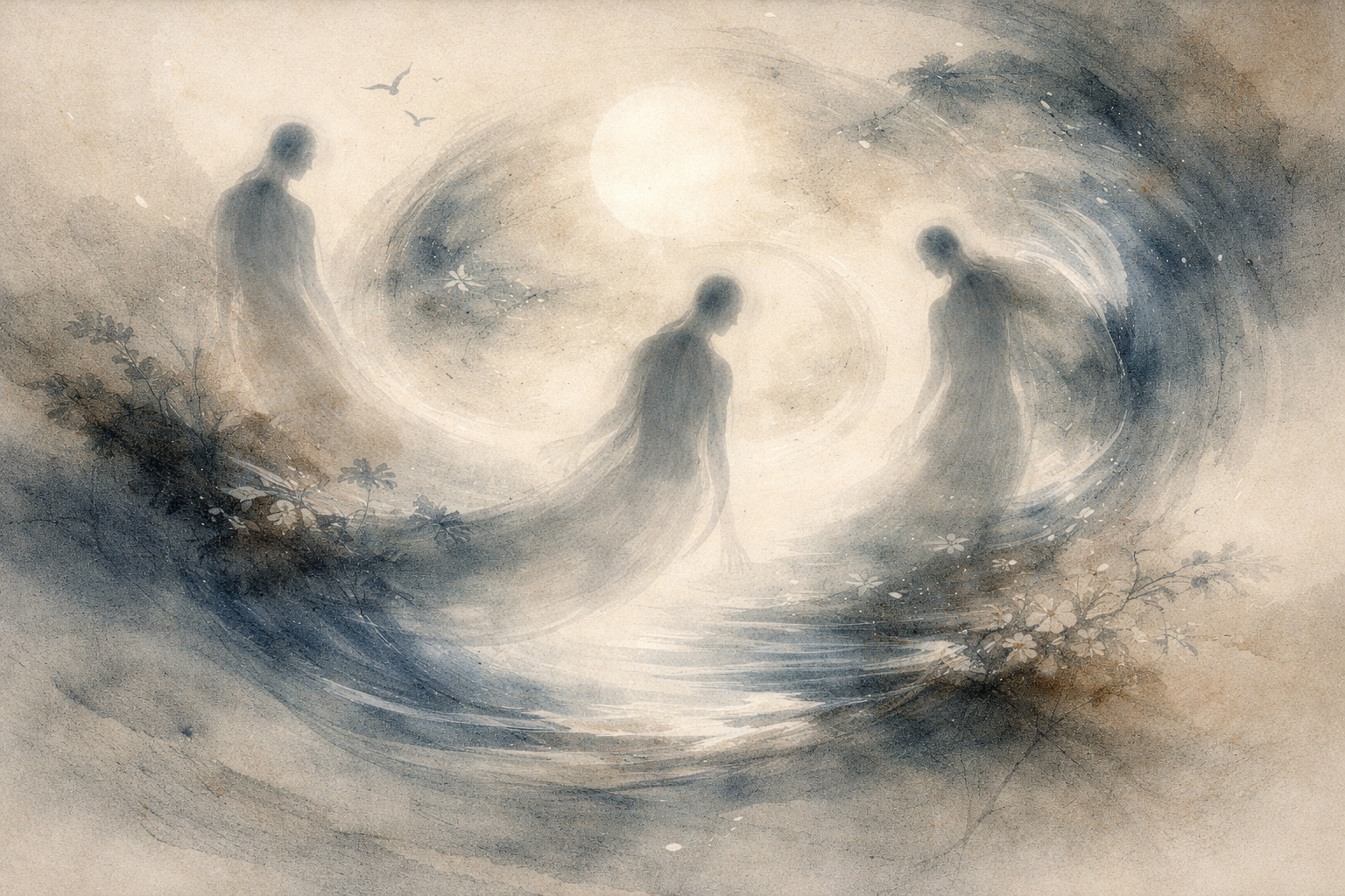 淡い月の下、光と影の円環の中を漂う三つの半透明の人影が描かれた霧のような水彩画。輪廻の循環性と、それに対するよくある誤解を象徴している。