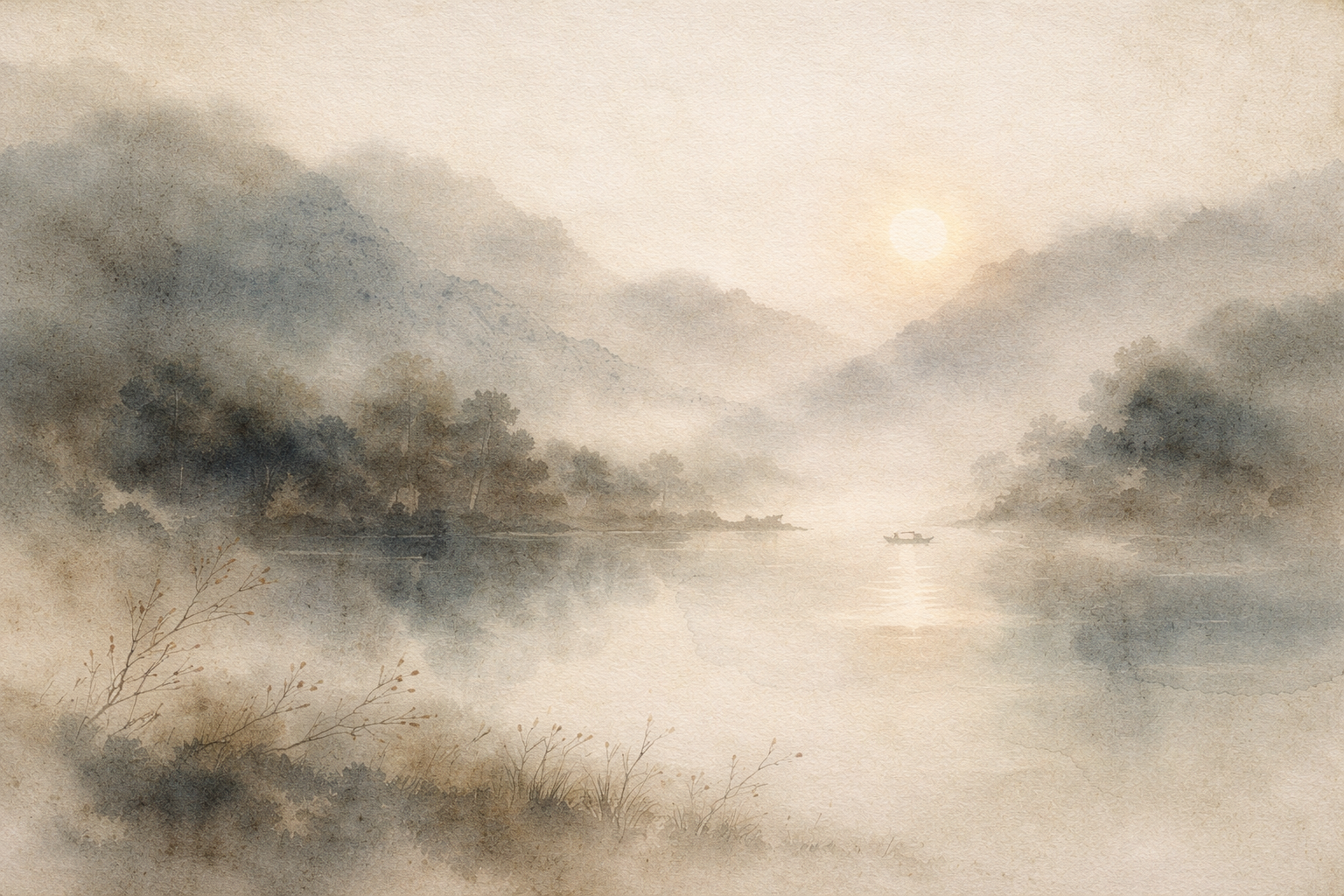 A tranquil watercolor landscape of mist-covered mountains reflected on a still lake at sunrise, with a small boat drifting in the distance, symbolizing rebirth understood as a quiet, ongoing process within the flow of life in a modern context.