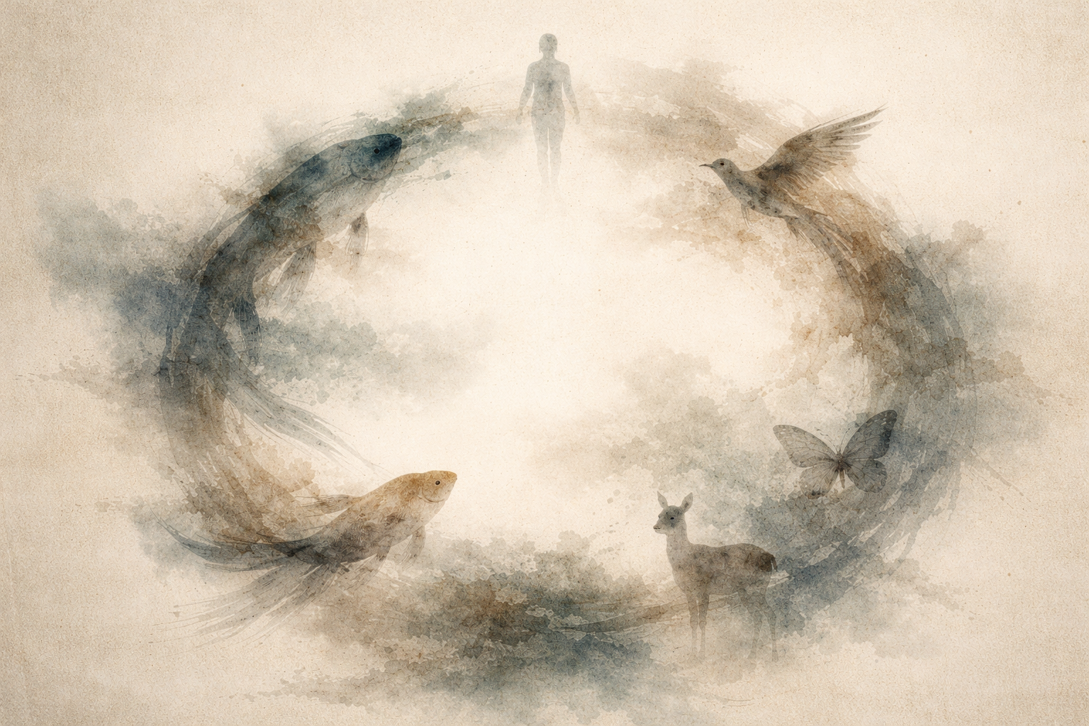 柔らかな水彩画で、二匹の魚、飛ぶ鳥、蝶、鹿が円を描くように巡り、その上部には淡い人影が立っている。個人的な信念や固定された自我を超えた、自然の循環としての輪廻を象徴している。