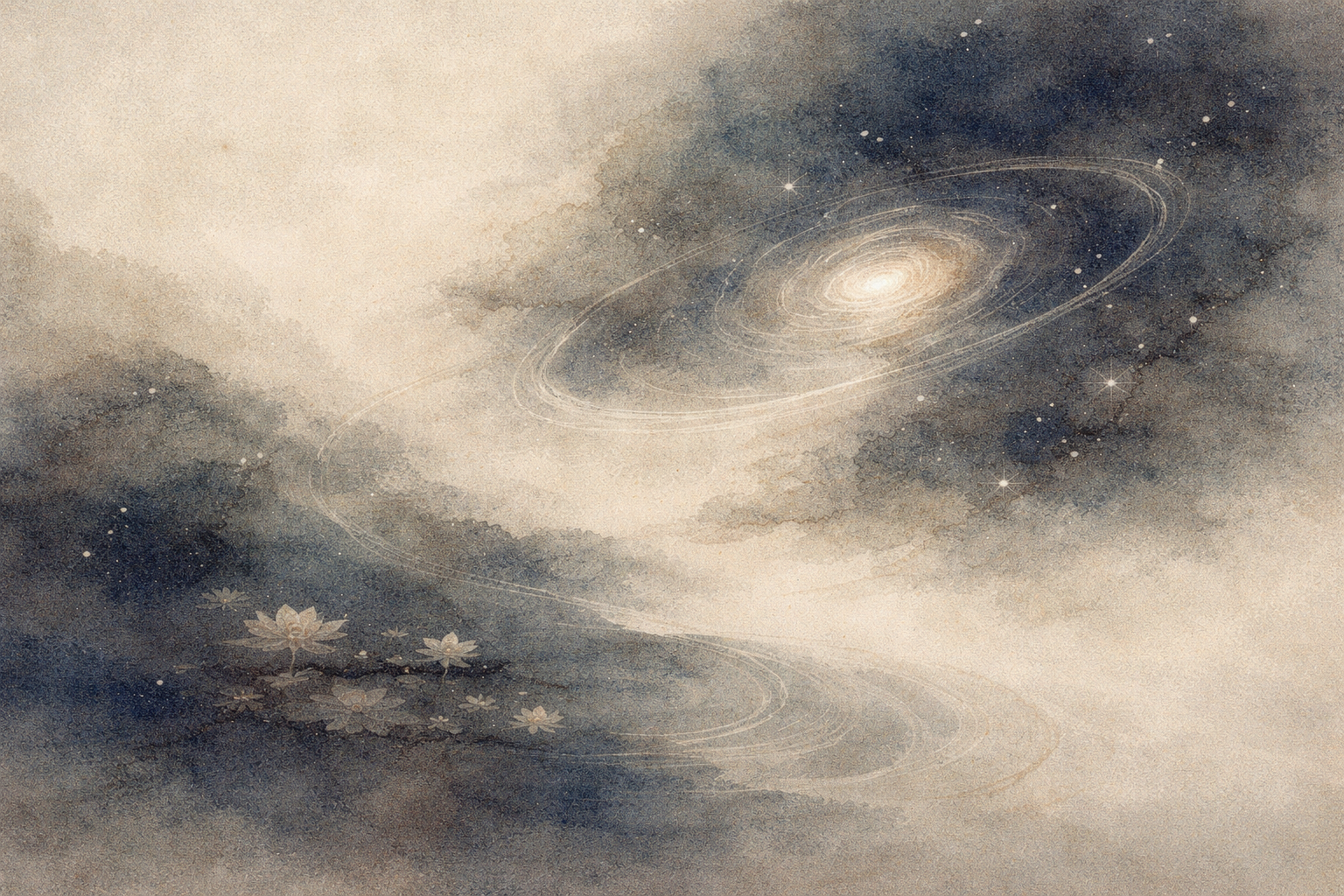 A soft watercolor scene of a luminous spiral galaxy blending into misty clouds above a calm pond with blooming lotus flowers, symbolizing the cycle of rebirth and the fear of losing one’s identity within a vast, interconnected cosmos.