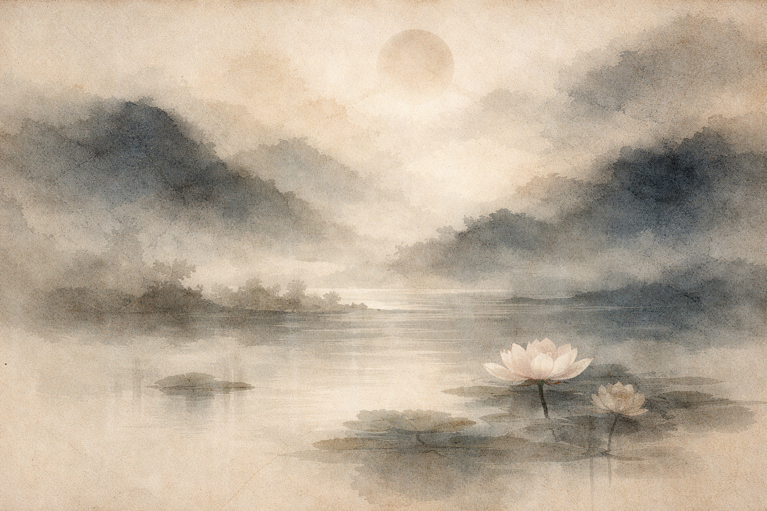 霧に包まれた水面と遠くの山々、咲く蓮の花を描いた水彩風の風景。仏教における再生（輪廻）を、固定された魂の転生ではなく、変化が連なって続いていく過程として象徴している。