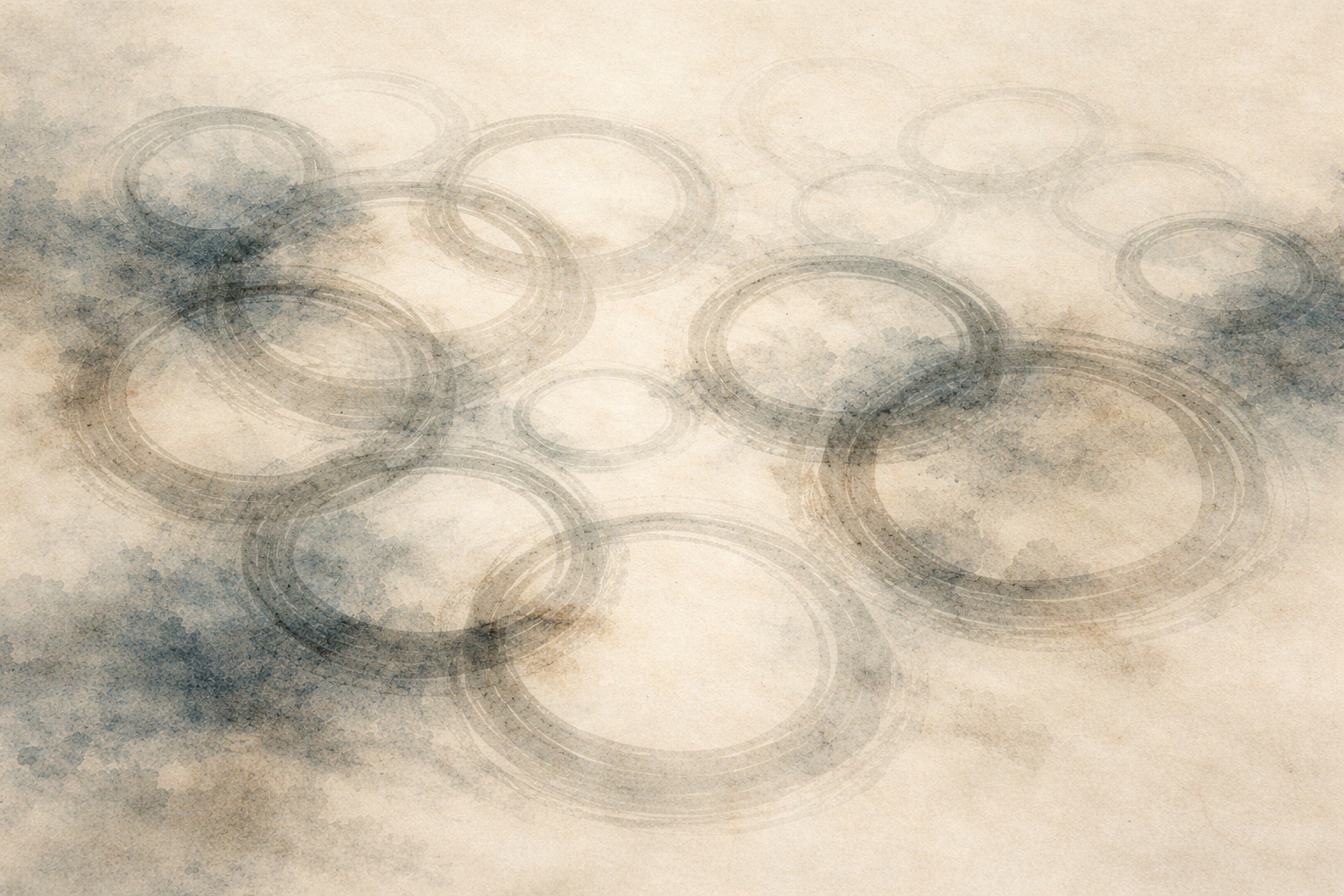 A soft watercolor composition of overlapping circular brushstrokes fading into mist, forming many interconnected rings without a central figure, symbolizing the contrast between cyclical rebirth and the linear idea of an afterlife.