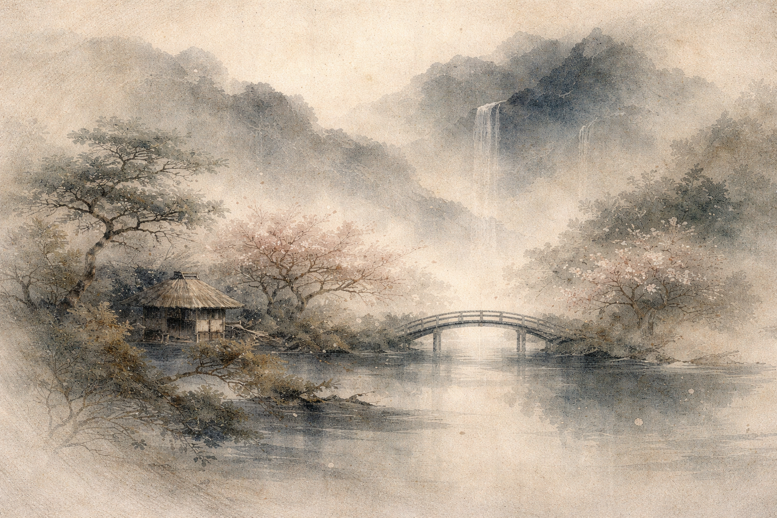 A misty watercolor landscape with a small hut by a quiet river, a curved wooden bridge leading into soft fog, distant waterfalls and mountains fading into the background, symbolizing the gentle crossing into unfamiliar inner states that can evoke fear during samadhi experiences.
