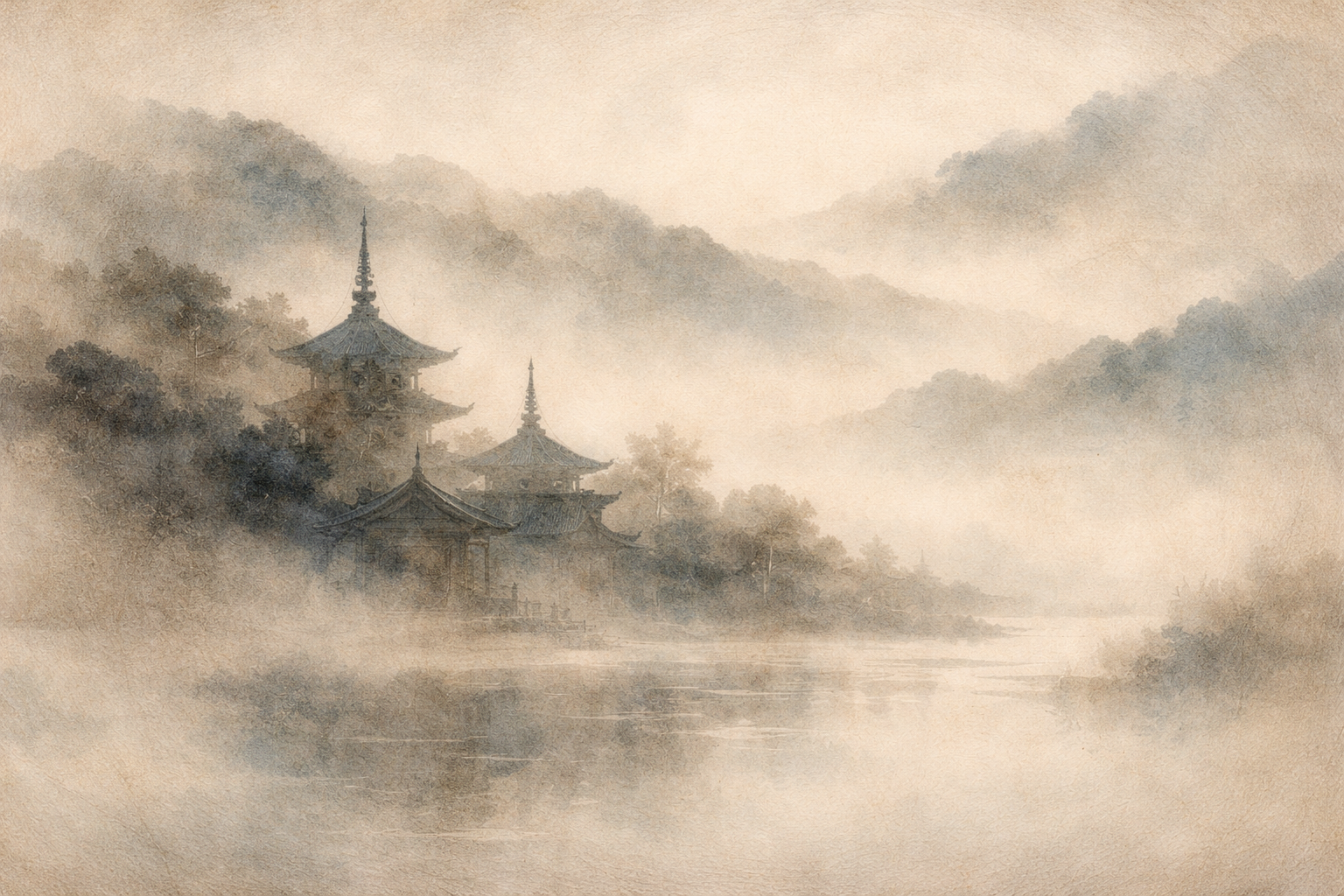 A muted watercolor scene of a dark circular brushstroke forming an opening in misty clouds above a reflective river, with small birds flying toward the light at the center, symbolizing anxiety about rebirth gradually opening into clarity and understanding.