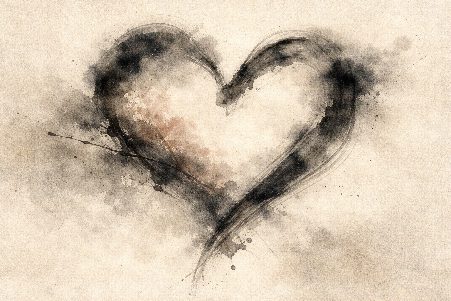A minimalist ink-brush heart painted in soft watercolor tones, symbolizing samadhi in modern daily life and the quiet integration of mindful awareness into everyday experience.
