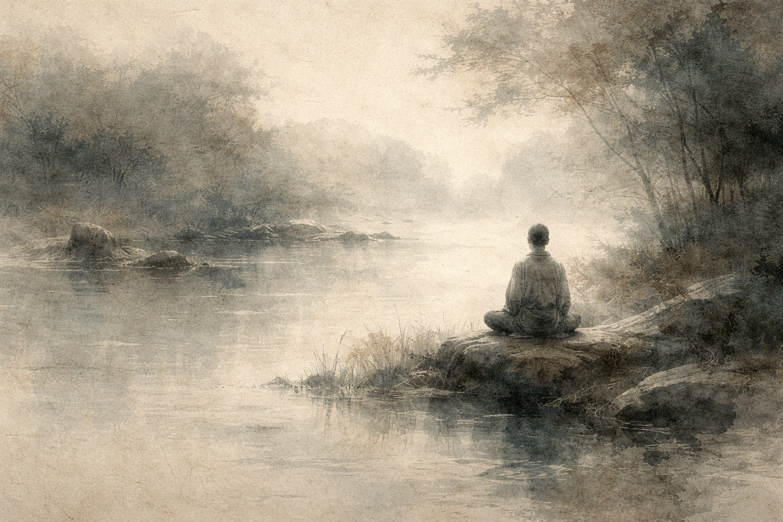 A solitary figure meditating on a rock beside a quiet, mist-covered river in a soft watercolor style, reflecting common myths about samadhi and the quiet clarity beyond misunderstanding.