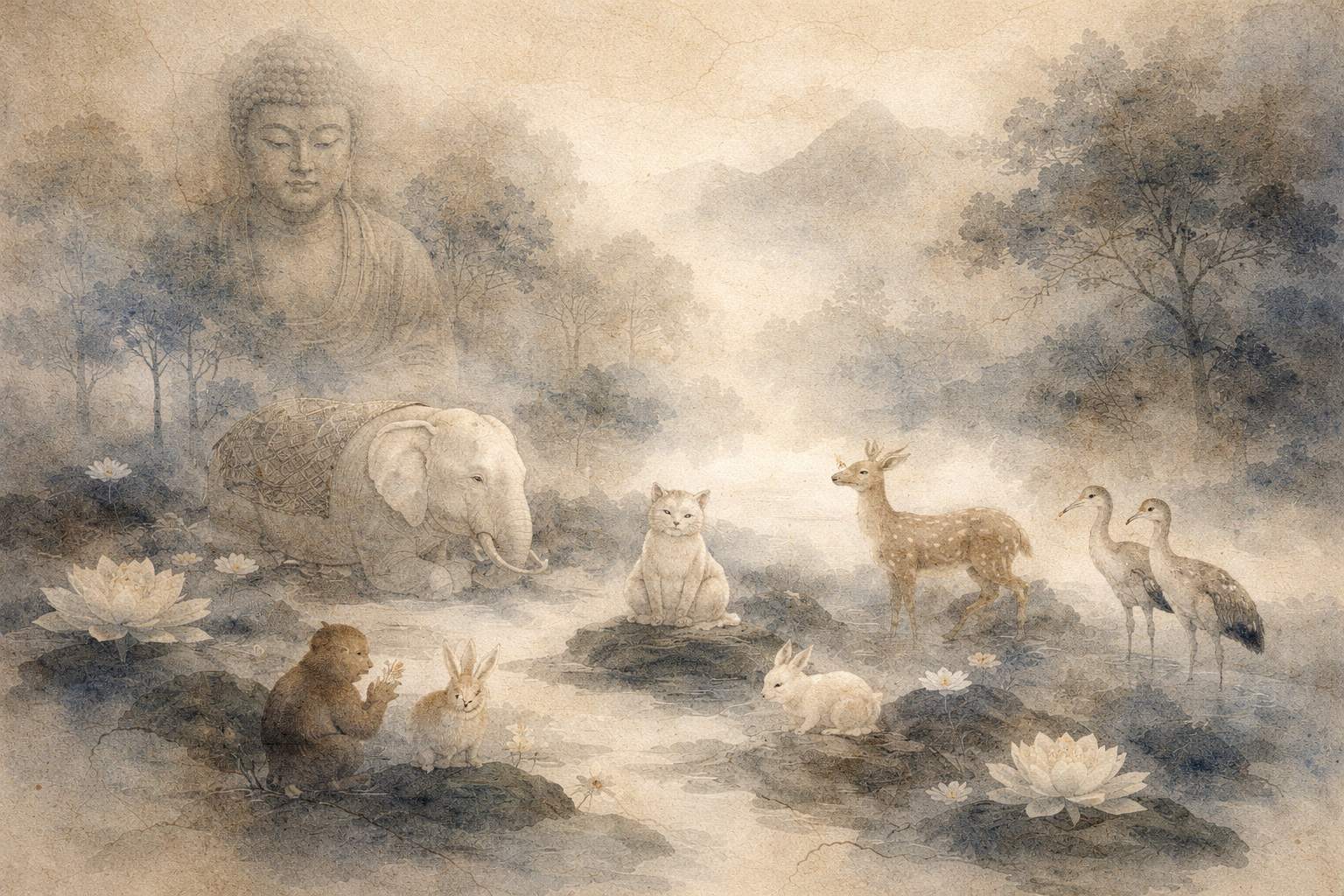 A tranquil watercolor-style scene of a Buddha statue overlooking animals gathered peacefully around a lotus pond, illustrating the subtle difference between samadhi and concentration through harmony, stillness, and natural awareness.