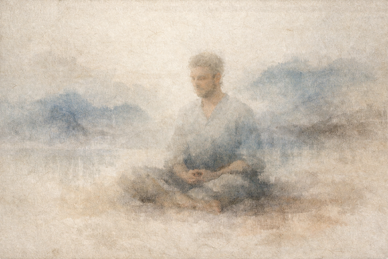 A soft watercolor image of a person sitting cross-legged in meditation, partially veiled in mist, with distant mountains and calm water behind him, symbolizing a beginner’s gentle first steps into samadhi as a quiet, grounded state of focused awareness.