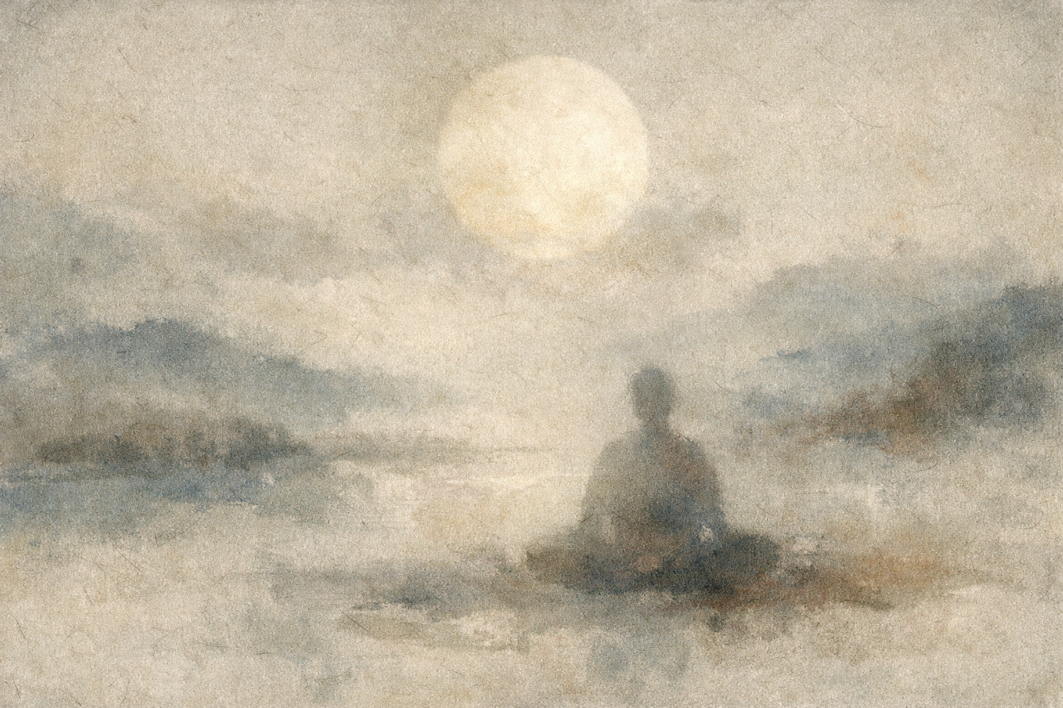 A soft watercolor scene of a solitary figure sitting in meditation beneath a large glowing moon, reflected on calm water and surrounded by mist, illustrating the quiet depth of samadhi emerging from simple meditation.