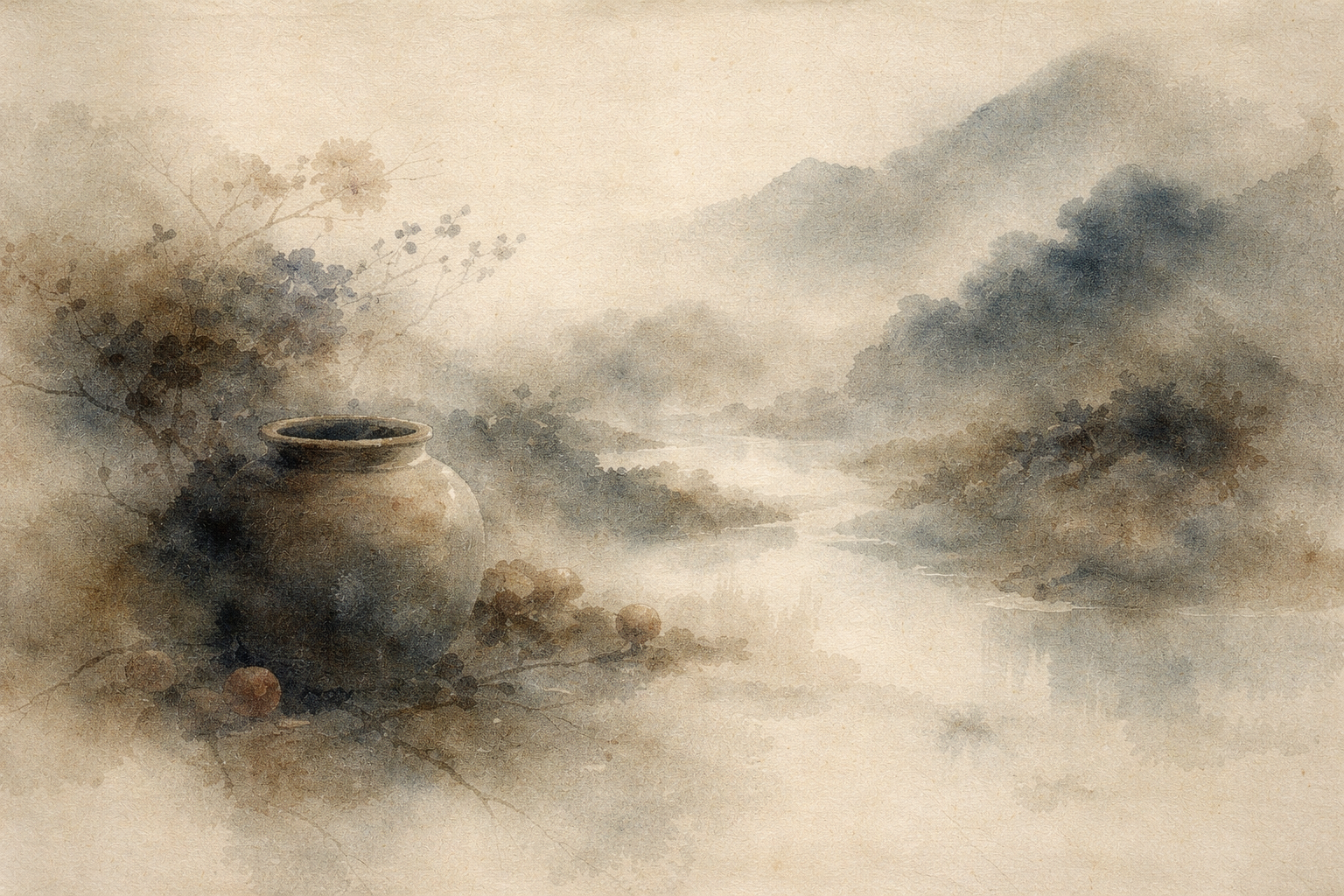 A serene watercolor scene of a clay vessel beside a misty river and distant mountains, evoking the Dharma Wheel in Buddhism and symbolizing the continuous flow of teaching, balance, and the Eightfold Path guiding life toward clarity and liberation.