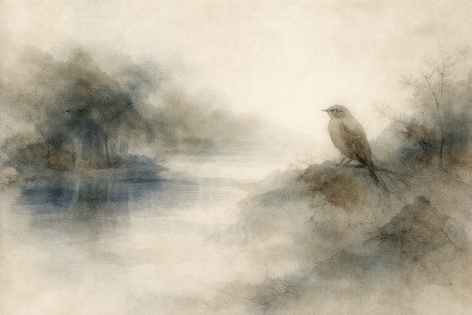 霧に包まれた静かな湖のほとりで、岩の上に一羽の鳥が佇む繊細な水彩画。日常生活における白黒思考の問題と、微妙さやバランスを受け入れる大切さを象徴している。