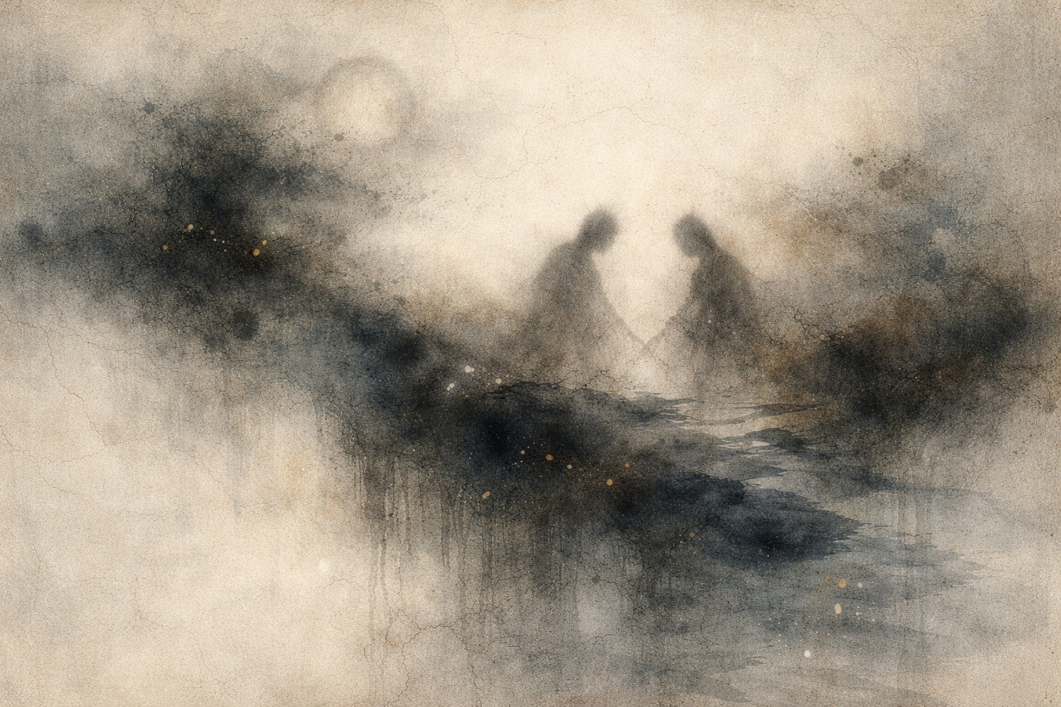 Muted watercolor-style scene showing two shadowy human figures facing each other across a dark, mist-like path—symbolizing inner conflict, suffering, and how Buddhism understands “hell” as a lived mental state rather than an afterlife destination.