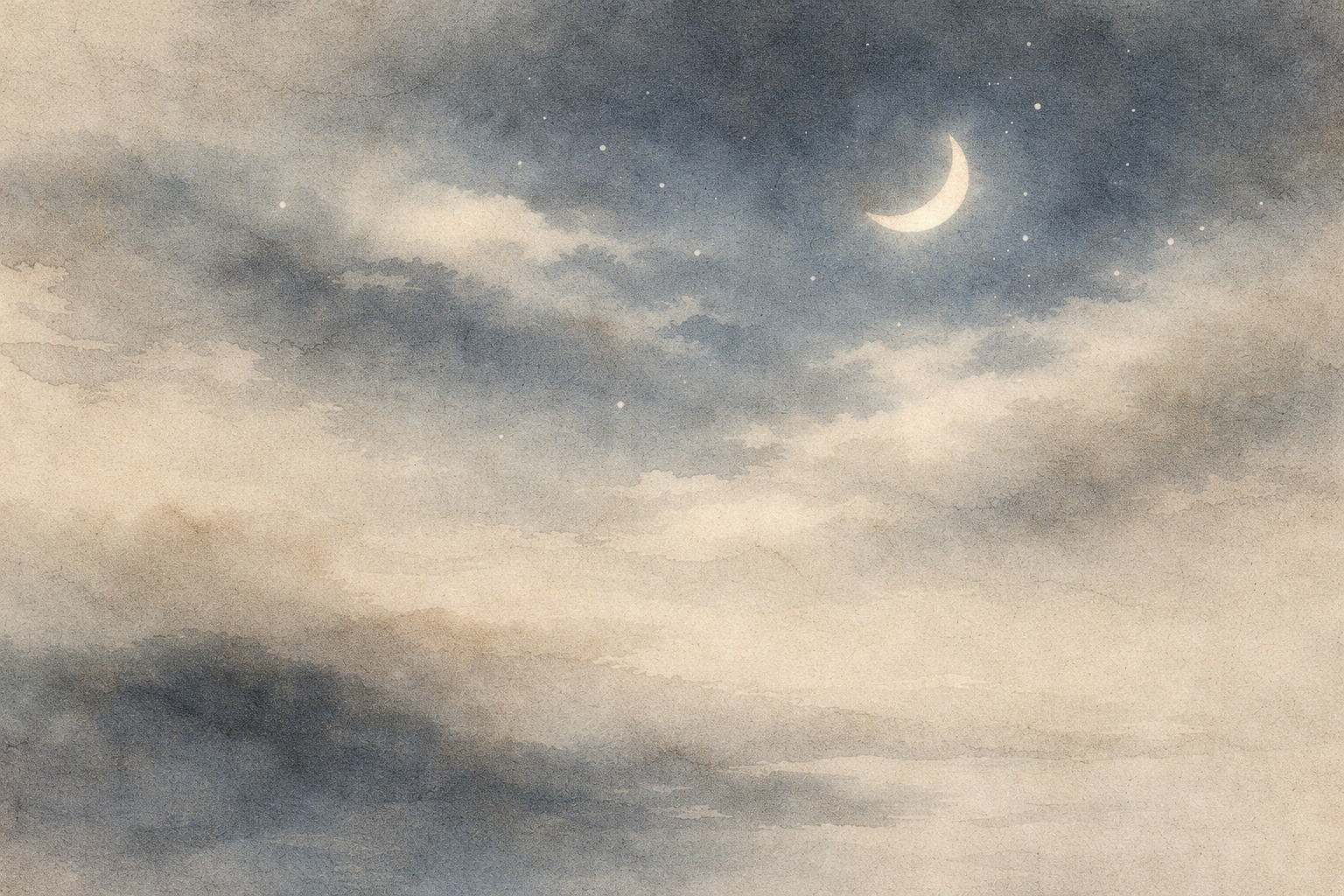 淡い雲に包まれた空に三日月が静かに浮かび、禅における「平常心」が、特別な状態を求めず、すでに在るものをそのまま気づく素朴な意識であることを示している。