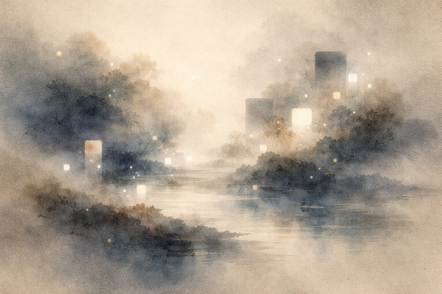 霧に包まれた風景と、水面に映るやわらかな光を描いた幻想的な水彩画。現実を否定することなく「幻」として捉える禅の理解、そして見かけと真実の微妙な関係性を象徴している。