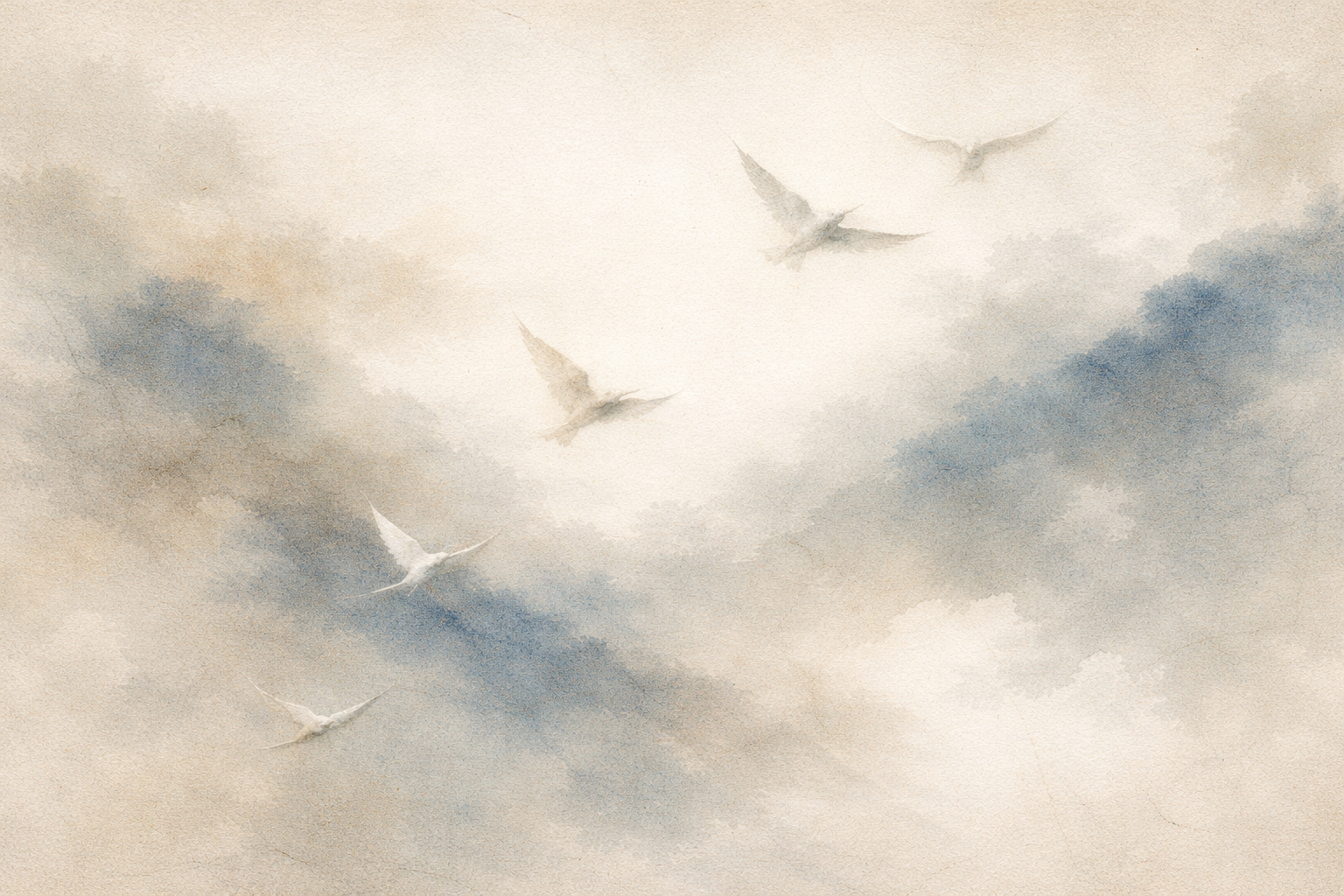 A minimalist watercolor illustration of birds flying through soft clouds and open sky, symbolizing what Zen means by living normally—naturalness, simplicity, and effortless presence in everyday life.