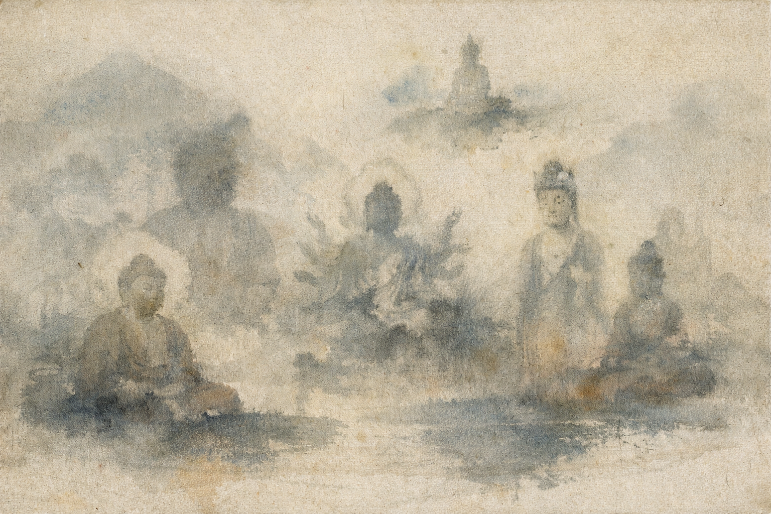 A soft watercolor scene of multiple Buddha and bodhisattva figures emerging from mist, symbolizing what Zen means by responding to each situation freely—wisdom expressing itself in many forms according to circumstances.