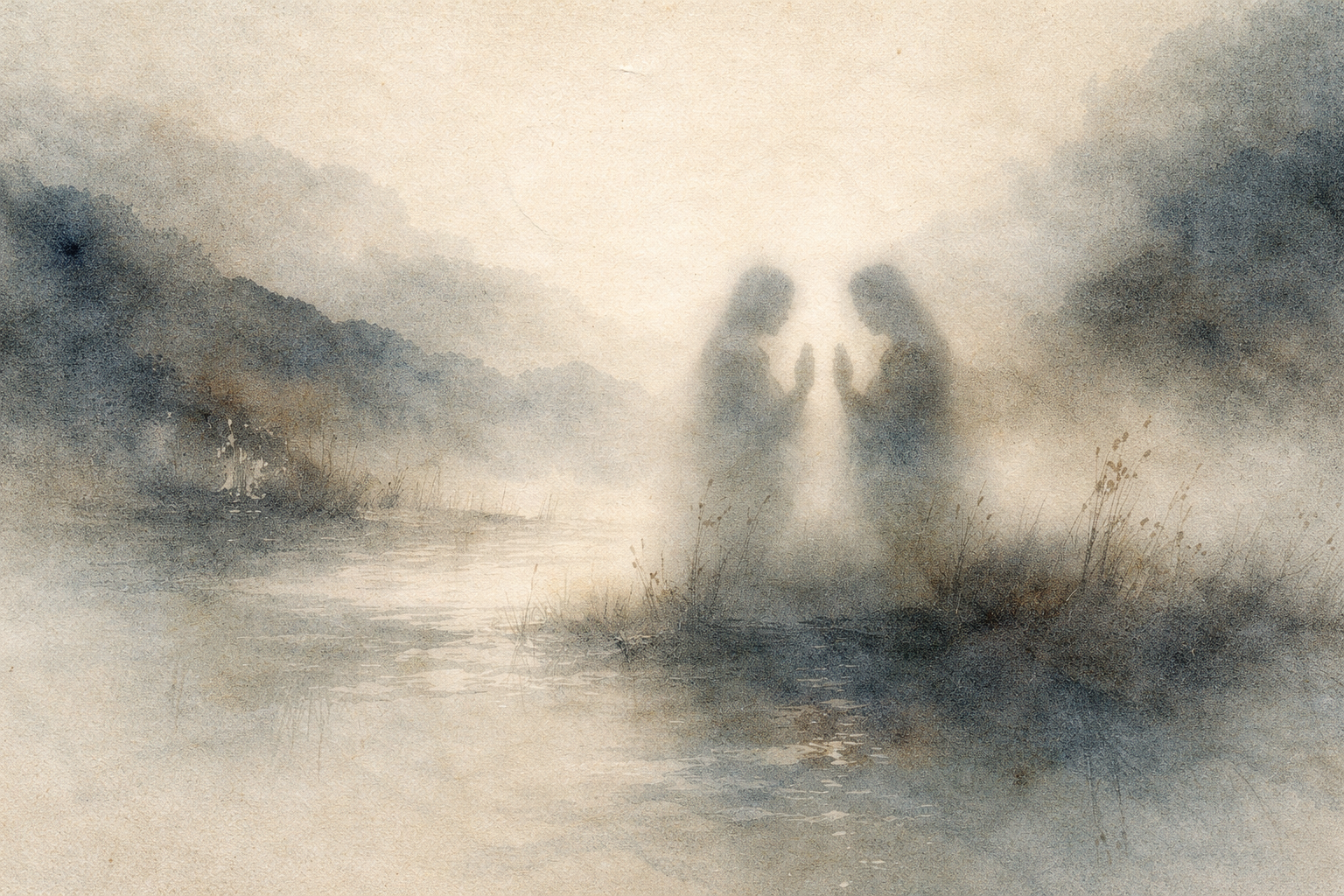 霧と水辺の中で向かい合う二つの淡い人影が描かれ、師やグルへの依存が、直接的な体験の代わりとなって内的な気づきを妨げてしまう様子を静かに示している。