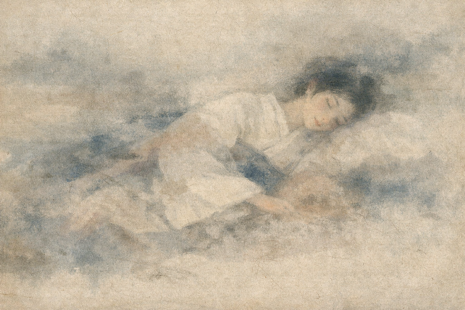 霧のような雲に包まれて静かに眠る子どもを描いた水彩画風のイメージ。信念よりも深く作用する、無防備で生の感情や内面の状態を象徴している。
